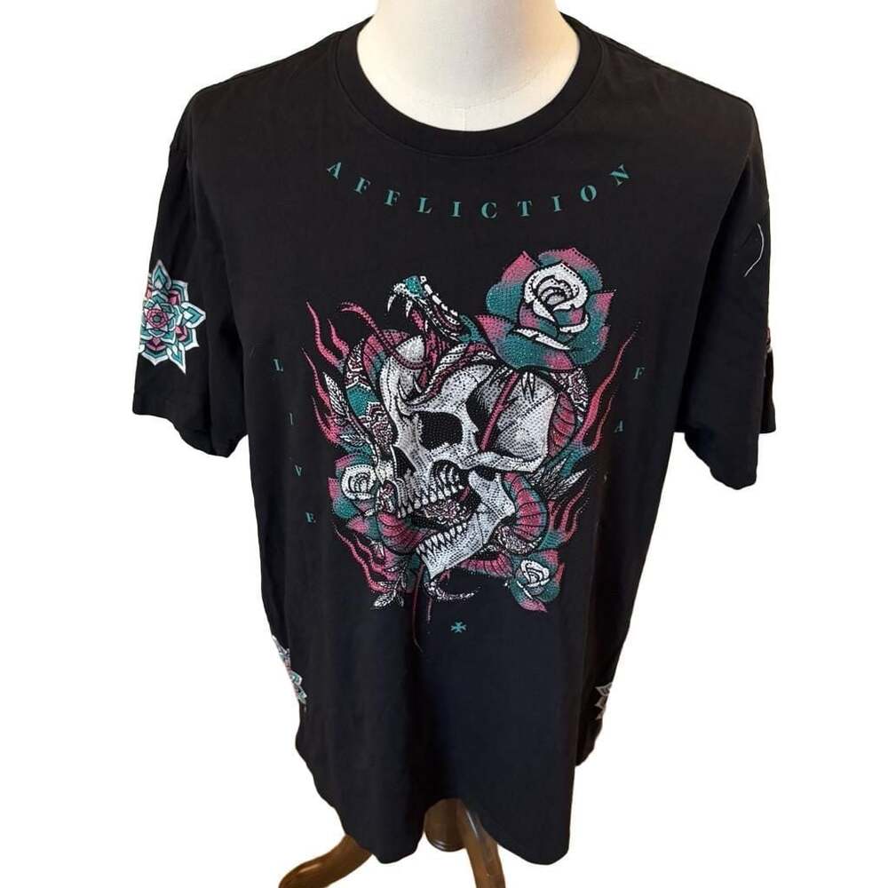 Affliction Black Label Rhinestone Skull Snake Rose Graphic T-Shirt Size 2XL